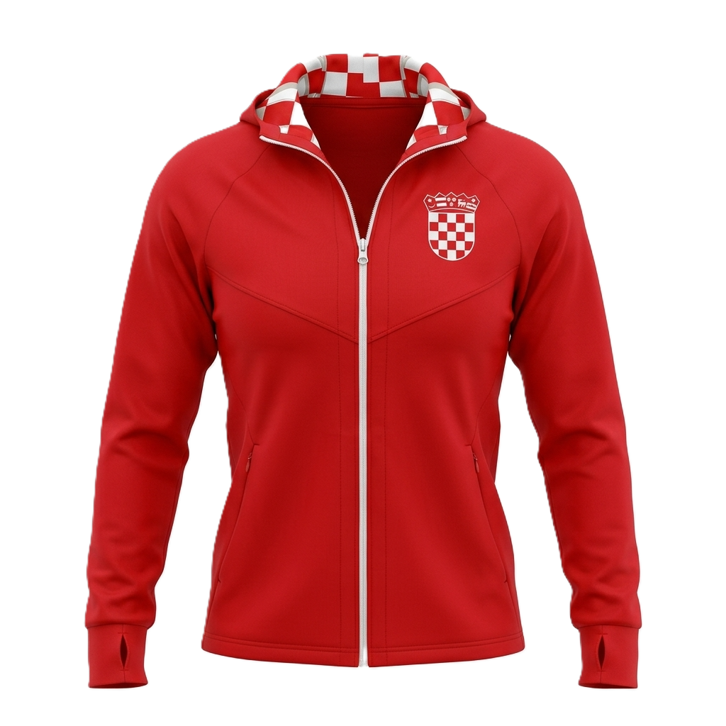 Tracksuit Croatia in Red Red jacket with a checkered hood and emblem on a white background