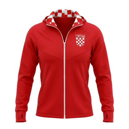 Tracksuit Croatia in Red Red jacket with a checkered hood and emblem on a white background