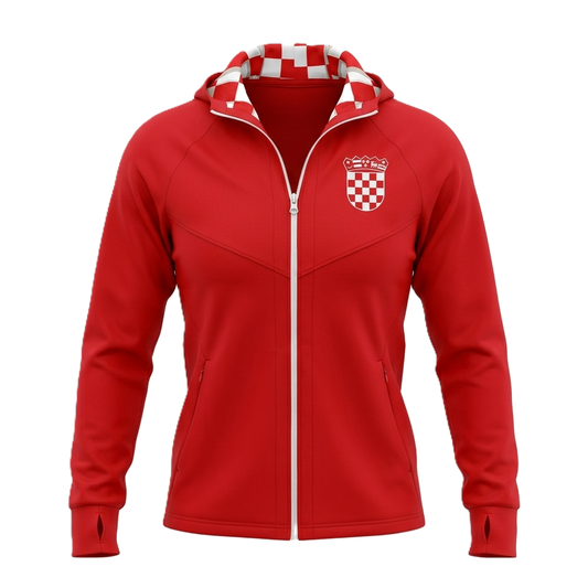 Tracksuit Croatia in Red Red jacket with a checkered hood and emblem on a white background