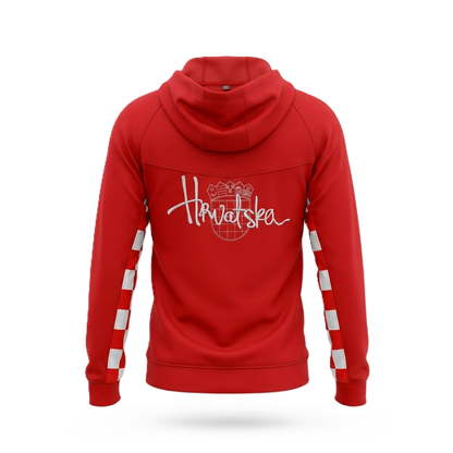 Tracksuit Croatia in Red Red hoodie with white text and designs on a white background