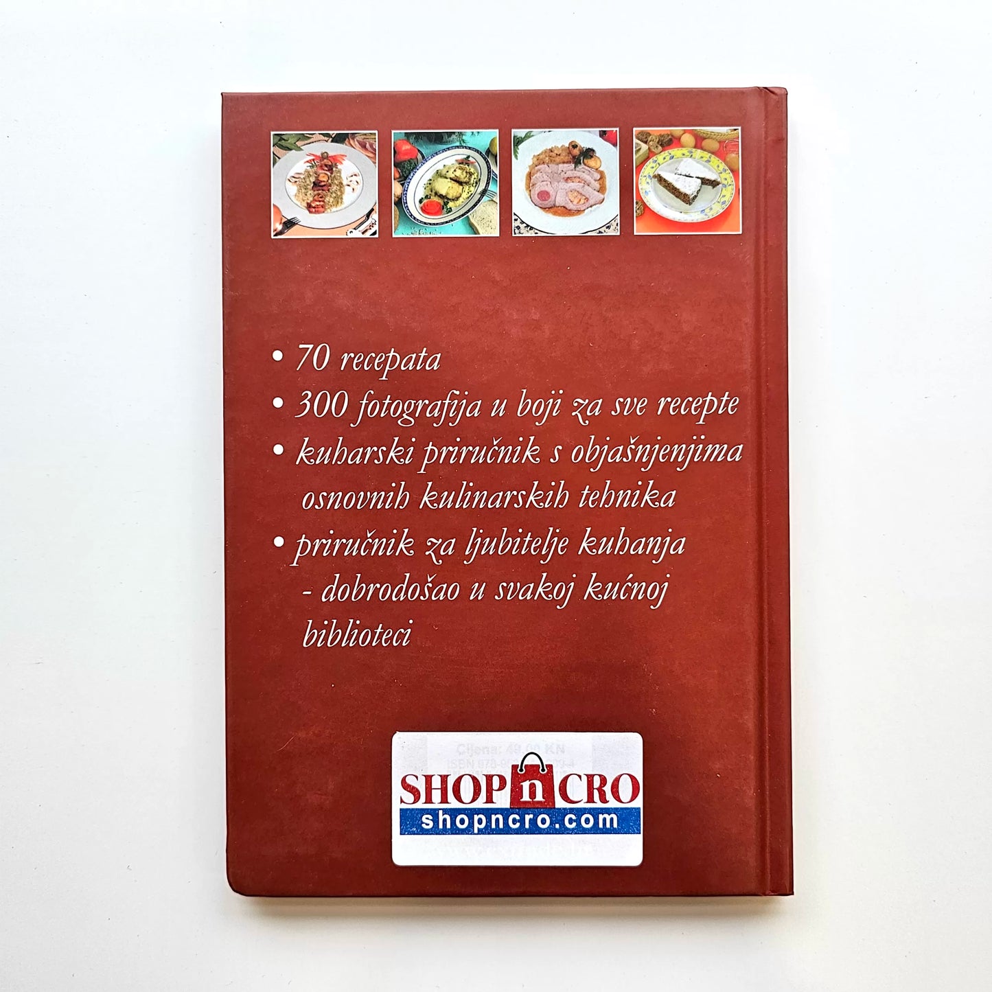 Tradicionalna Hrvatska Jela Brown cookbook with text and food images on a white background, featuring the Shopncro brand.