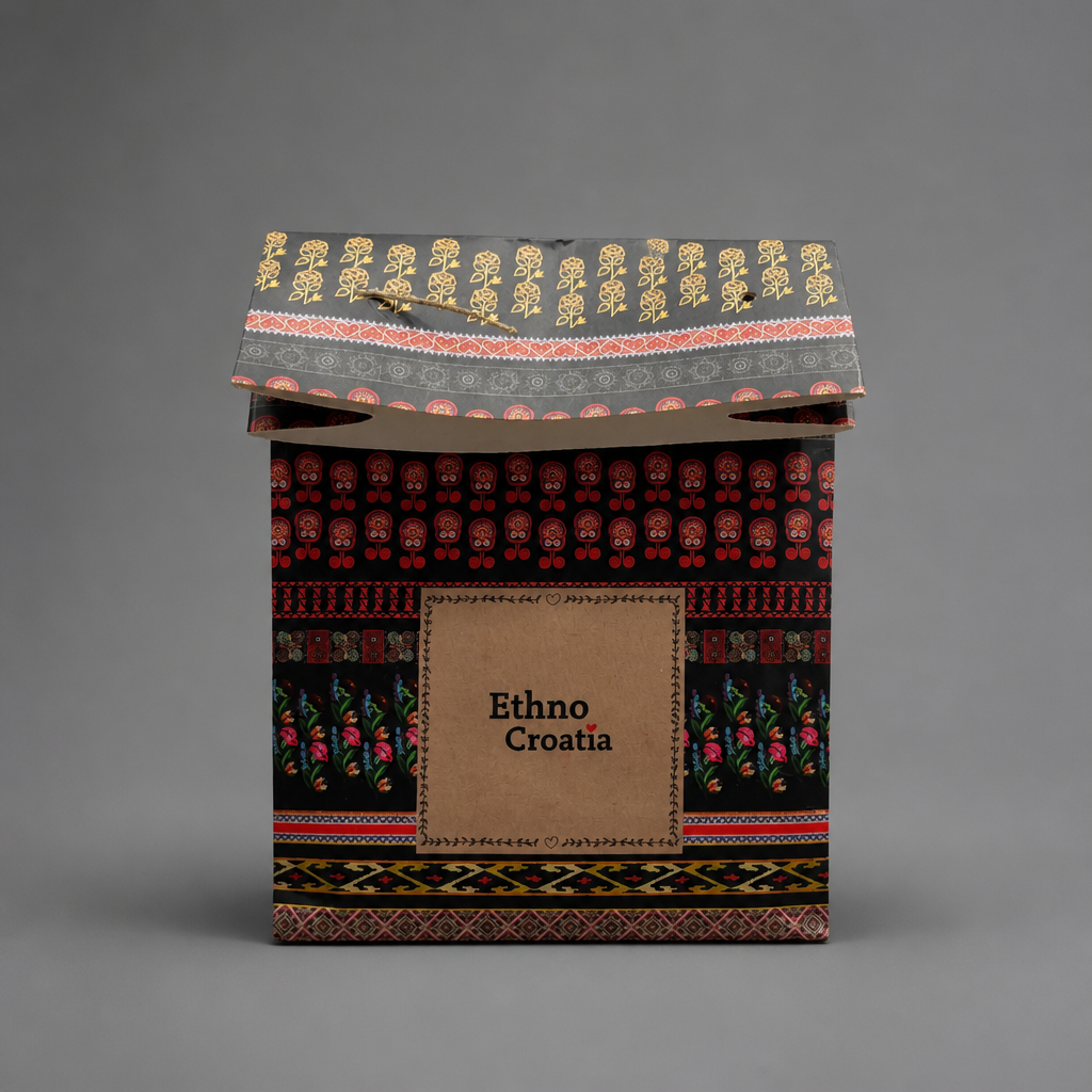 Traditional Gift Bag Ethno Croatia Decorative box with Ethno Croatia design on a gray background