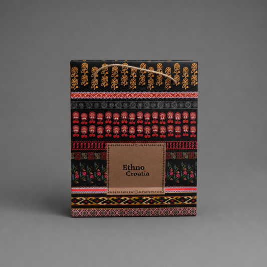 Traditional Gift Bag Ethno Croatia Decorative box with Ethno Croatia design on a gray background