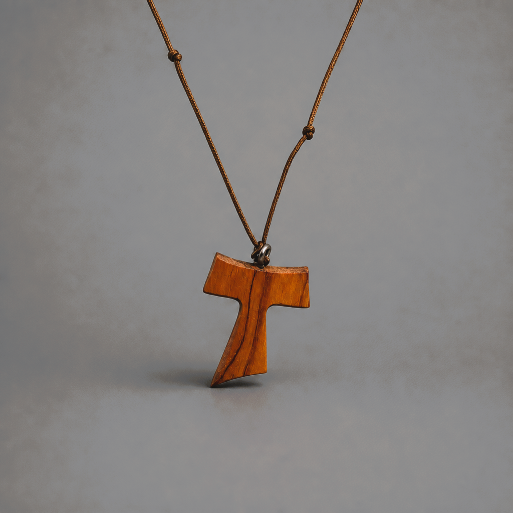 Traditional Međugorje Necklace (L) Wooden pendant on a string against a gray background shopncro