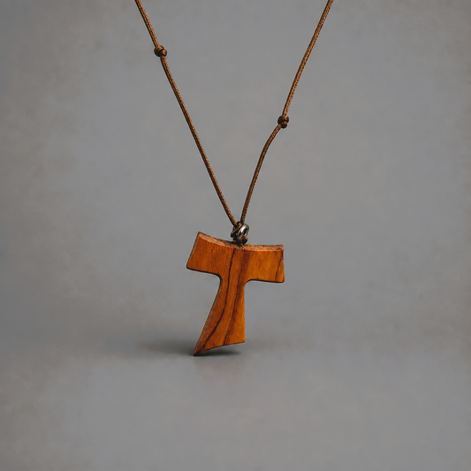 Traditional Međugorje Necklace (L) Wooden pendant on a string against a gray background shopncro