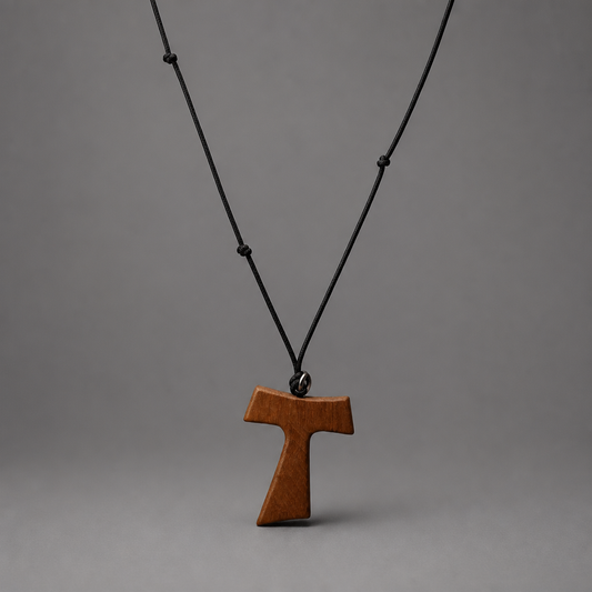 Traditional Međugorje Necklace (Large) Dark Cord Wooden pendant on a black cord against a gray background shopncro