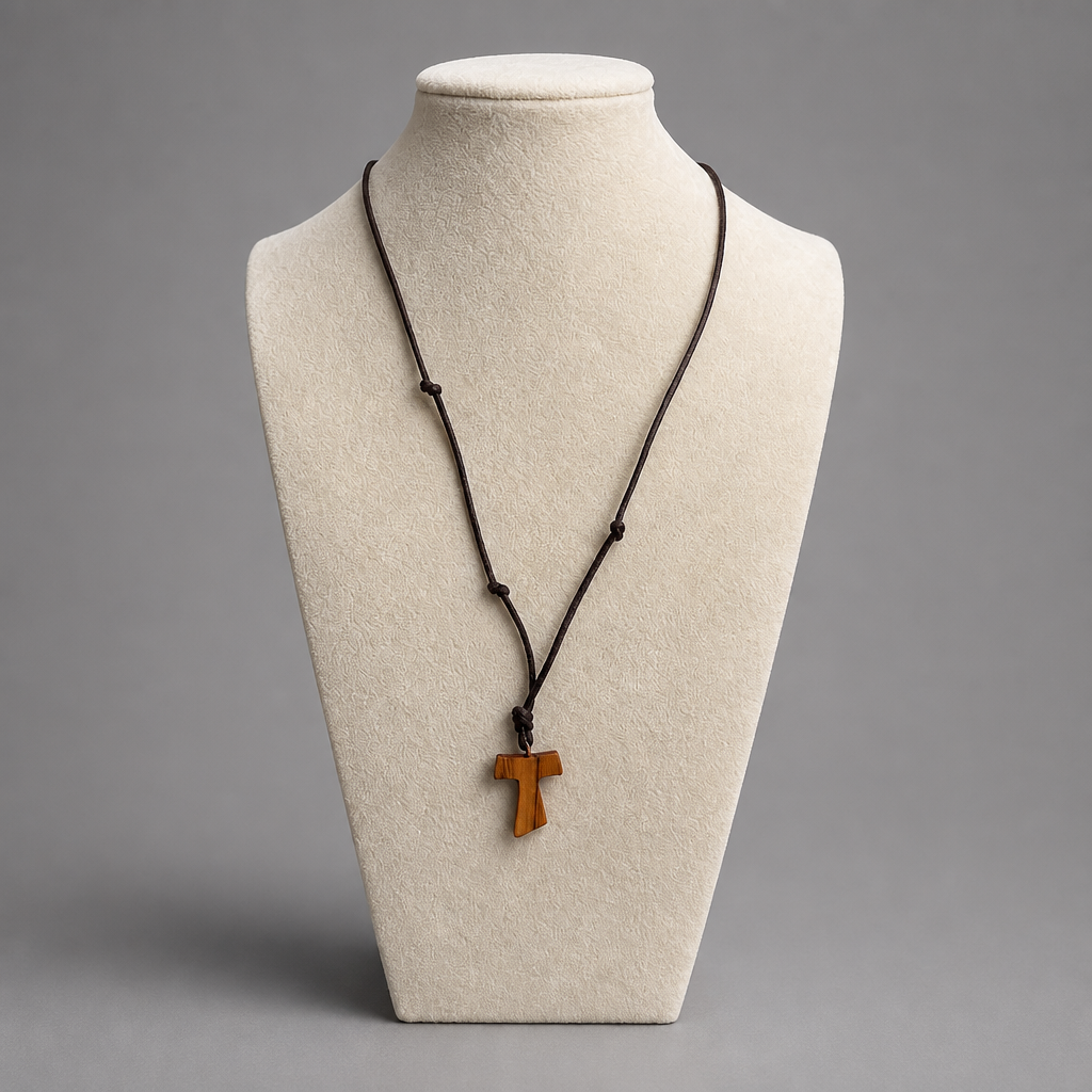 Traditional Međugorje Necklace (S) Necklace with a wooden cross pendant on a mannequin bust against a gray background shopncro