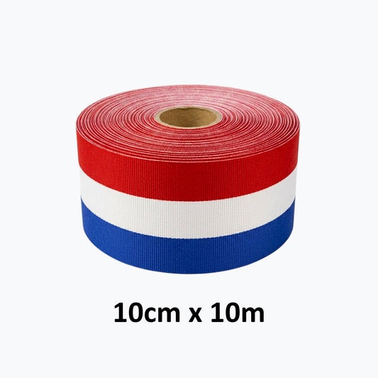 Traka Trobojnica Ribbon 10cm x 10m Roll of red, white, and blue ribbon on a white background with dimensions 10cm x 10m.