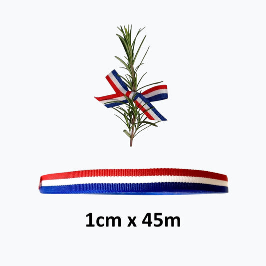 Traka Trobojnica Ribbon 1cm x 45m Ribbon with a rosemary sprig and a flag pattern on a white background