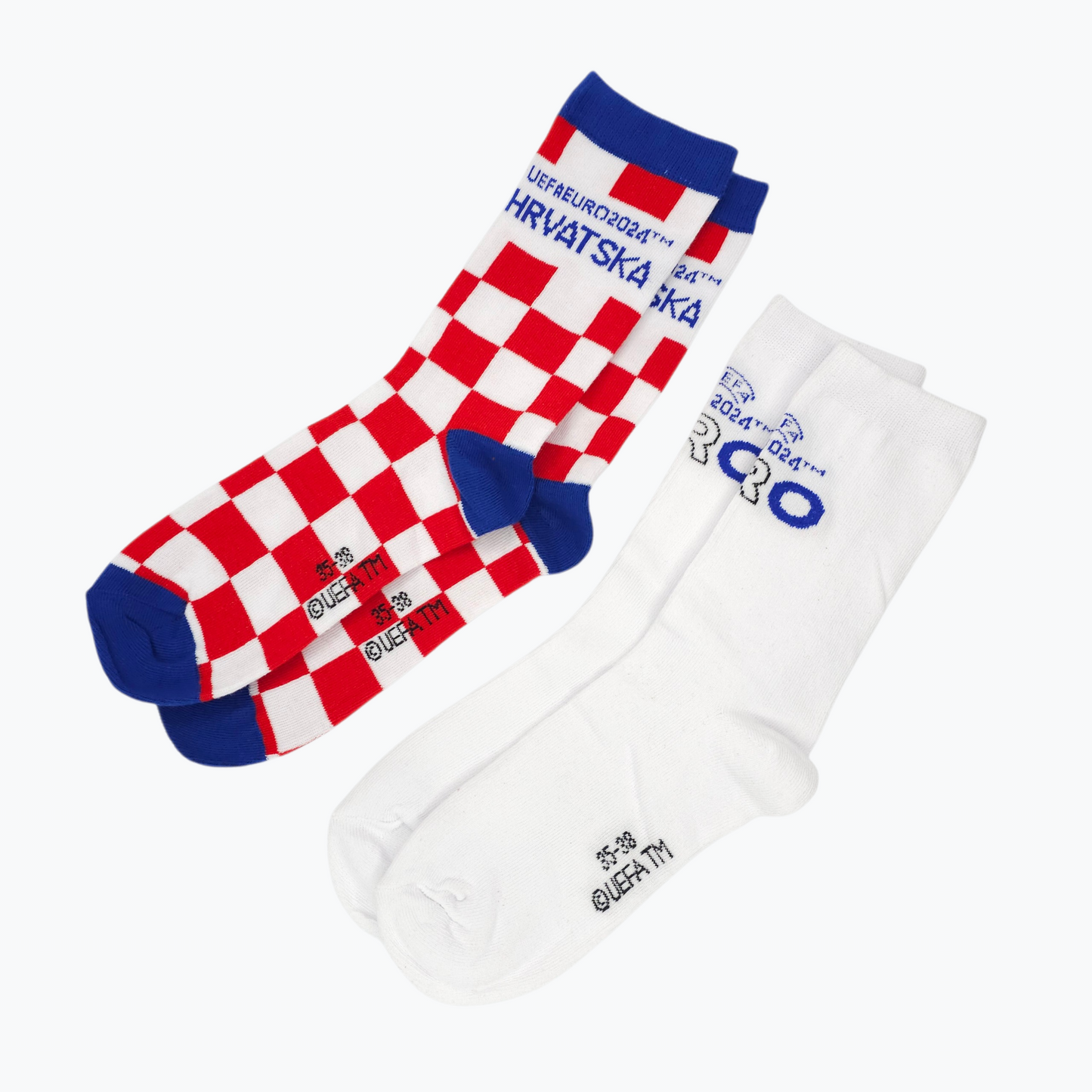 UEFA 2024 Team Croatia Socks Two socks, one with a red and white checkered pattern and the other white with blue text, on a white background.