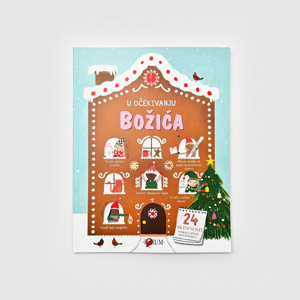 U Očekivanju Božića Advent calendar with gingerbread house design and Christmas-themed illustrations on a light blue background.