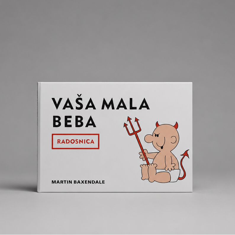Vaša mala beba – Radosnica (Croatian Humour & Baby Memory Book) Book titled 'Vaú Mala Beba' with a cartoon illustration on a gray background