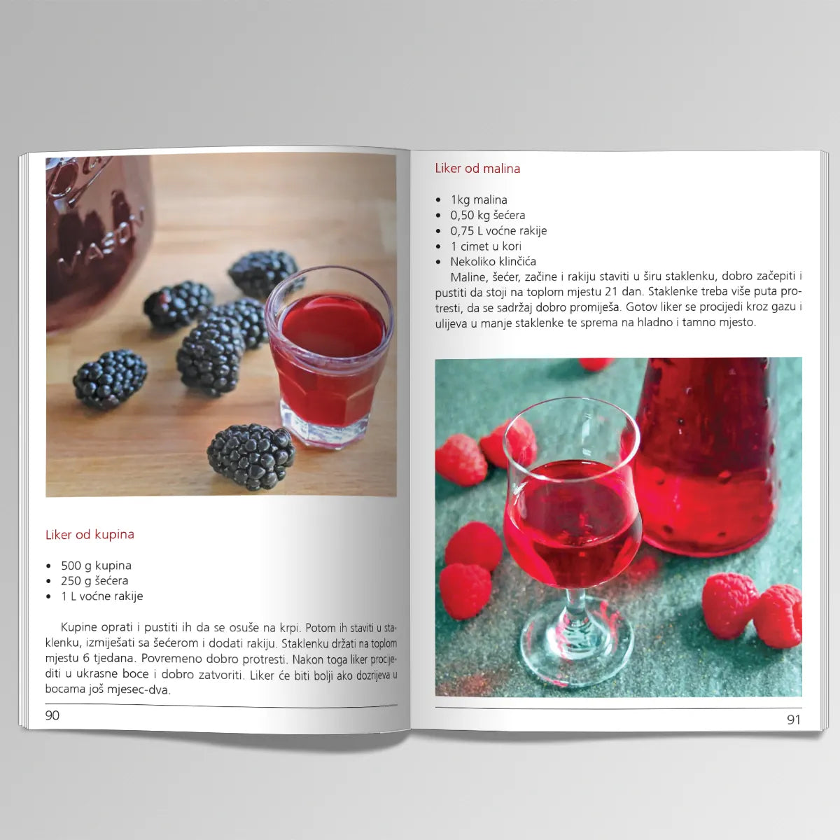 Voćne Rakije, Likeri i Travarice Open book showing a recipe for a red fruit liqueur with images of the liqueur and berries.