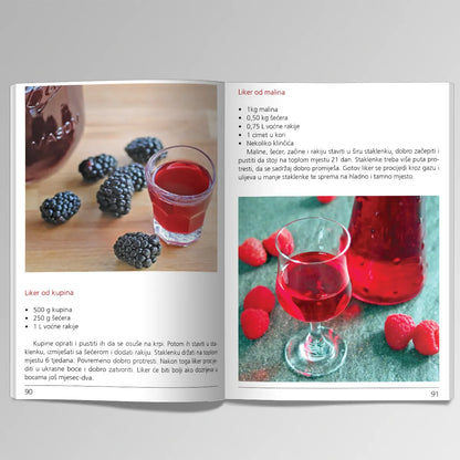 Voćne Rakije, Likeri i Travarice Open book showing a recipe for a red fruit liqueur with images of the liqueur and berries.