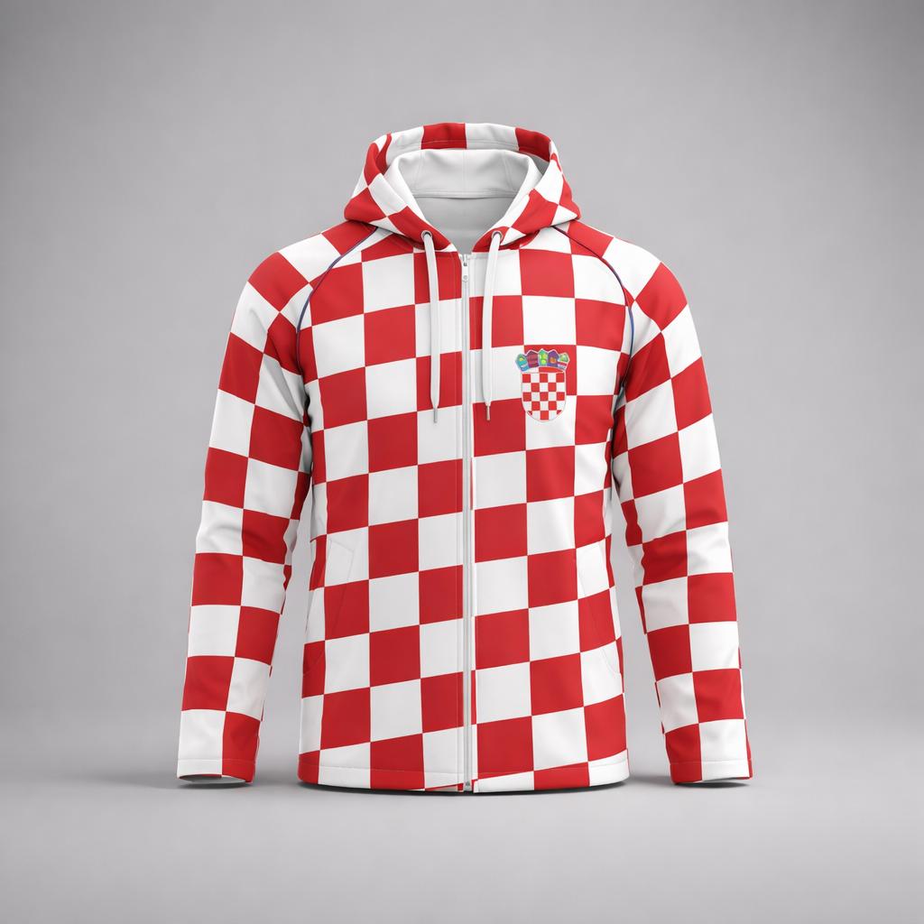 Waterproof Jacket Croatia Red and white checkered hoodie on a gray background