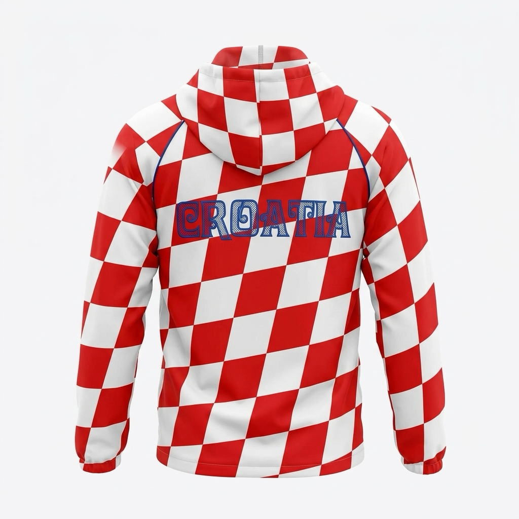 Waterproof Jacket Croatia Red and white checkered jacket with 'CROATIA' text on a light gray background