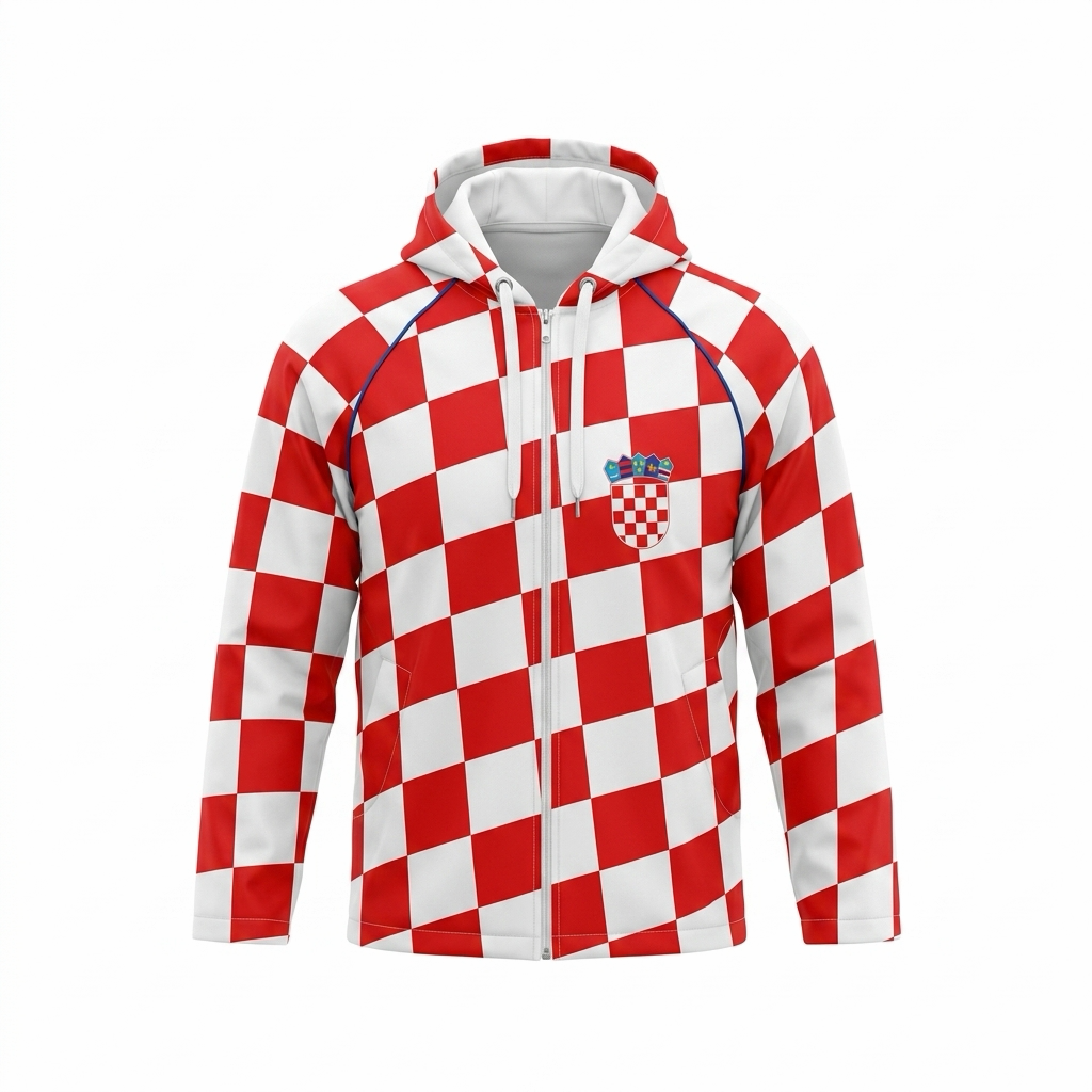 Waterproof Jacket Croatia Red and white checkered jacket with a logo on a white background