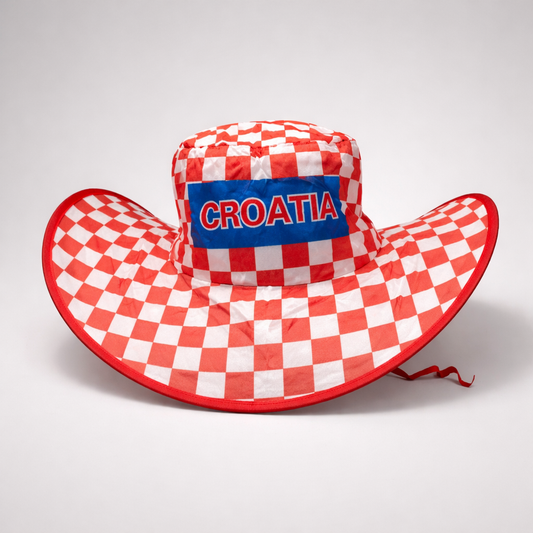 Western Hat Croatia Waterproof and Foldable Red and white checkered sun hat with 'CROATIA' text on a light gray background