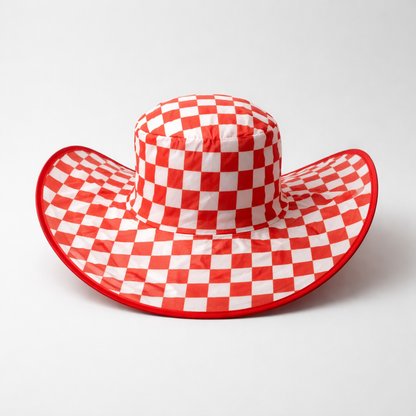 Western Hat Croatia Waterproof and Foldable Red and white checkered sun hat on a light gray background