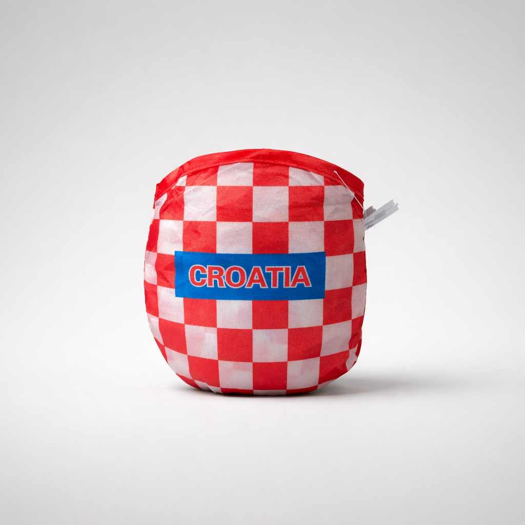 Western Hat Croatia Waterproof and Foldable Red and white checkered bag with 'CROATIA' label on a light gray background