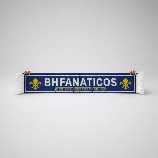 Window Banner BH Fanaticos with suction cup Scarf with 'BHFANATICOS' text and logo on a white background