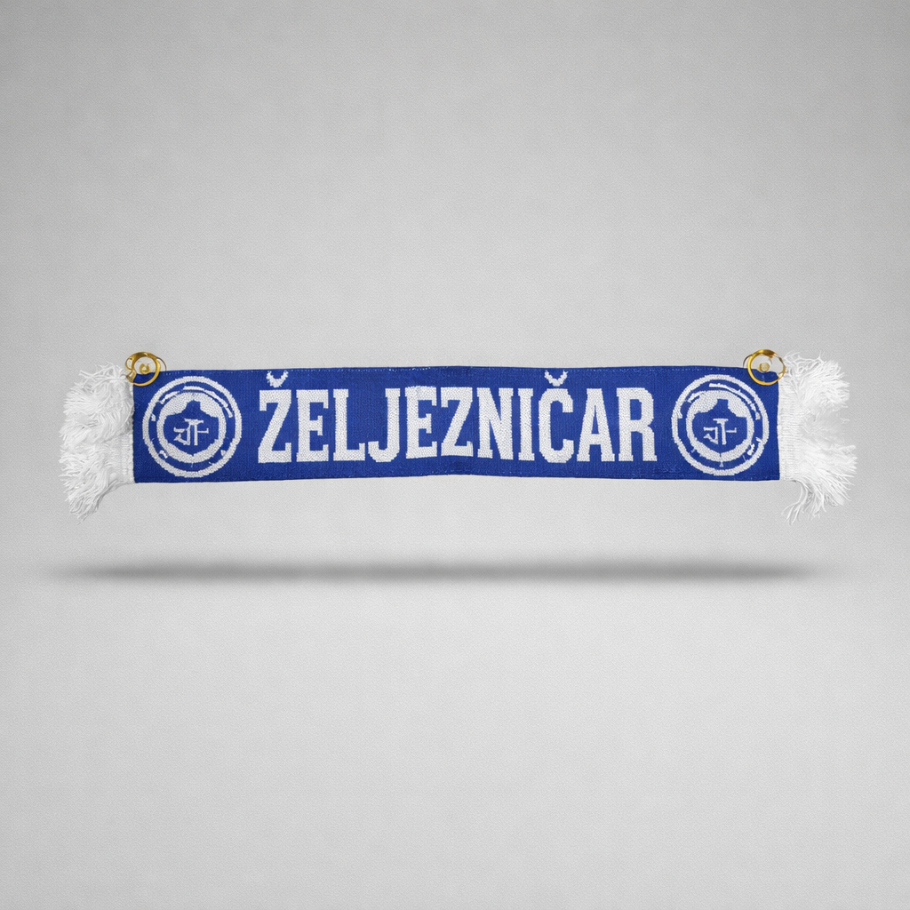Window Banner Zeljo with suction cup Blue scarf with white text and logos on a gray background