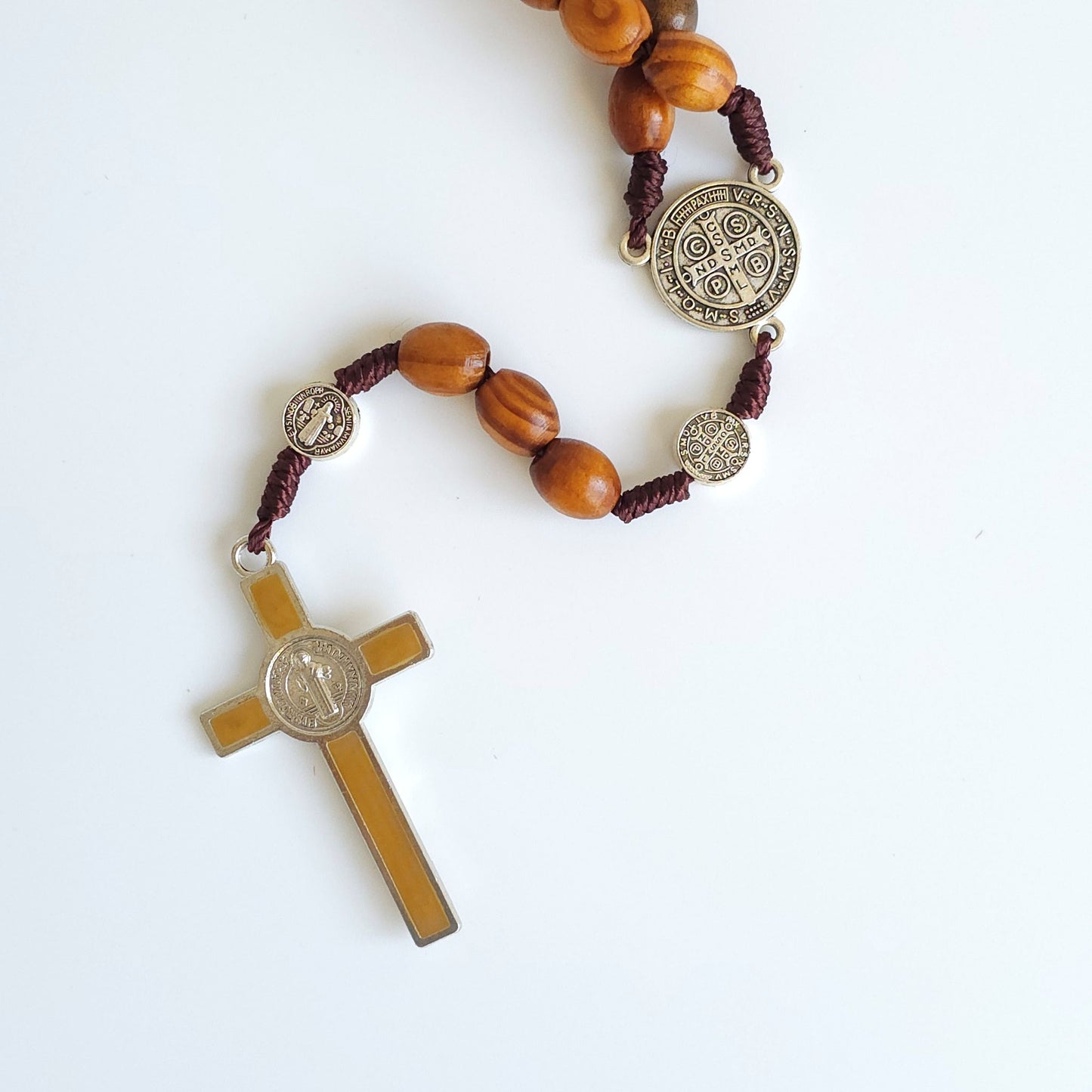 Wooden Saint Benedict Rosary with Silver Tone Gold Enamel Crucifix – Handcrafted Catholic Prayer Beads