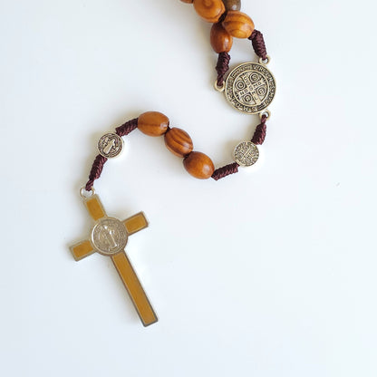 Wooden Saint Benedict Rosary with Silver Tone Gold Enamel Crucifix – Handcrafted Catholic Prayer Beads