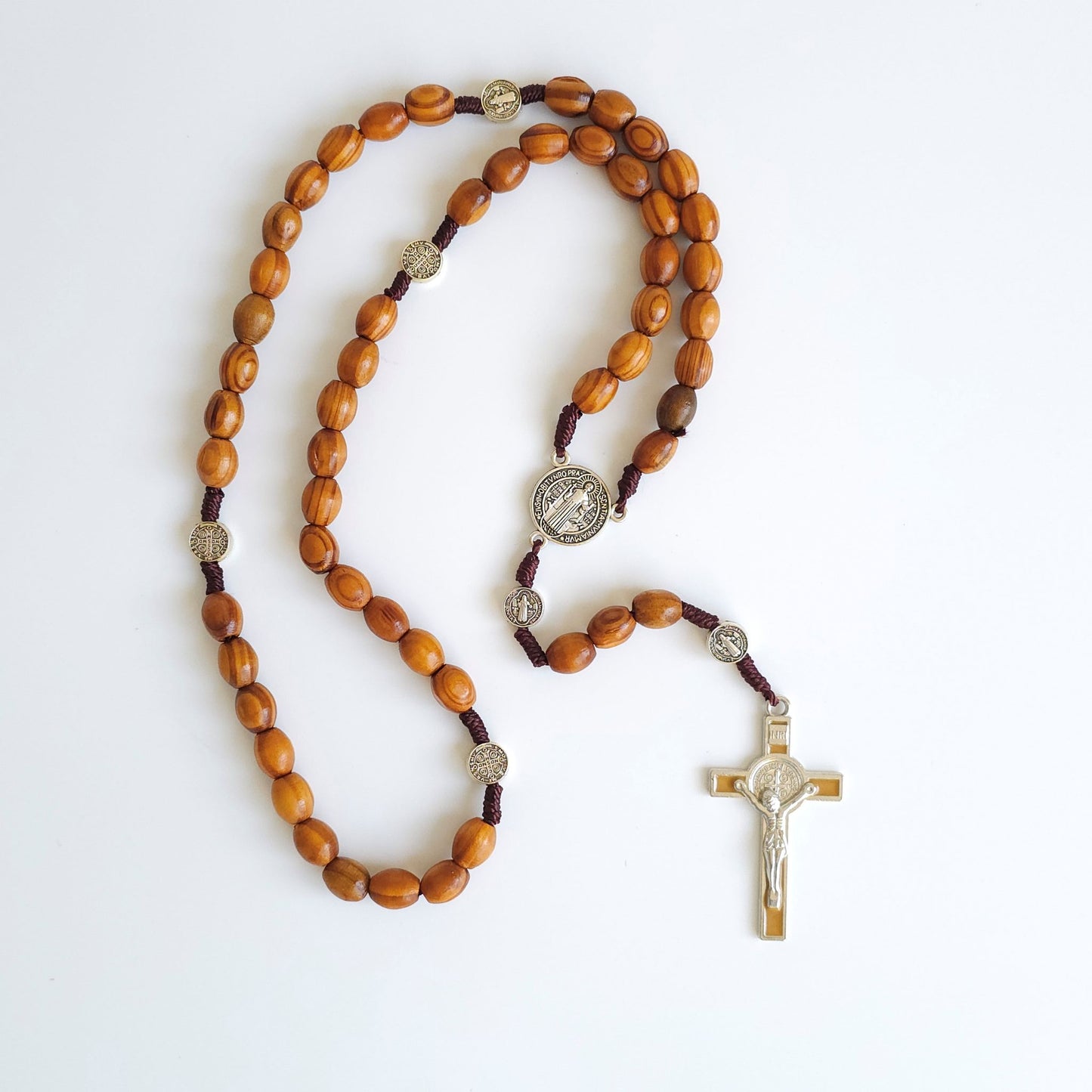 Wooden Saint Benedict Rosary with Silver Tone Gold Enamel Crucifix – Handcrafted Catholic Prayer Beads