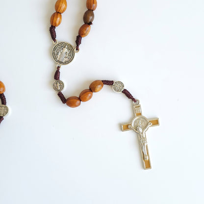 Wooden Saint Benedict Rosary with Silver Tone Gold Enamel Crucifix – Handcrafted Catholic Prayer Beads
