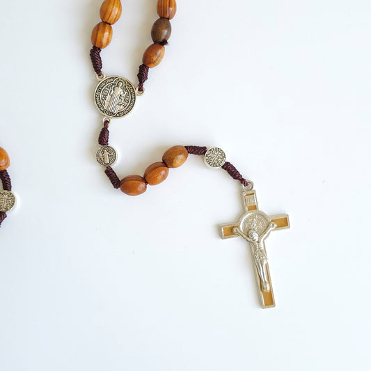 Wooden Saint Benedict Rosary with Silver Tone Gold Enamel Crucifix – Handcrafted Catholic Prayer Beads