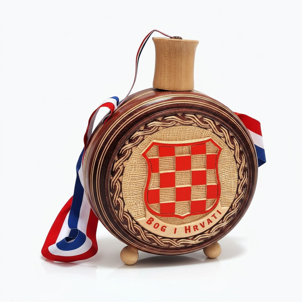 Wooden bottle with a checkered emblem and ribbons on a white background