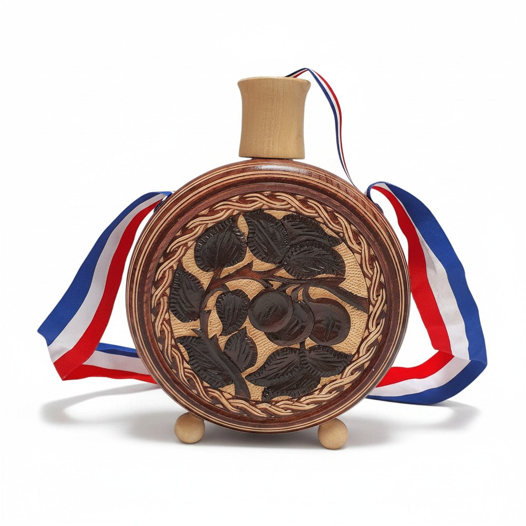Wooden decorative item with engraved design and ribbons on a white background