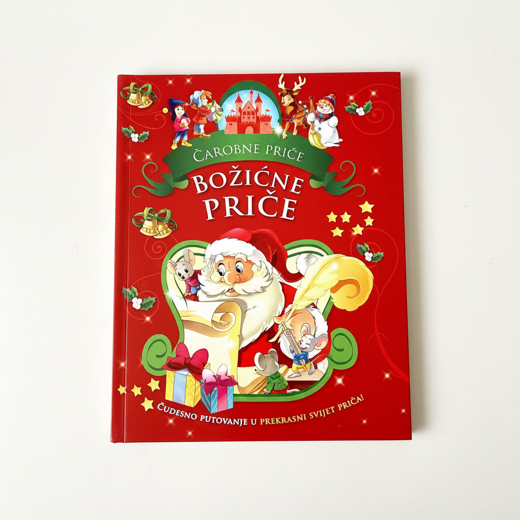 Čarobne priče - Božićne priče Children's book cover with Santa Claus and festive elements on a red background