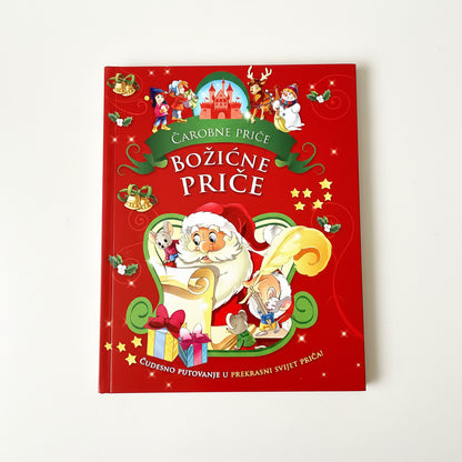 Čarobne priče - Božićne priče Children's book cover with Santa Claus and festive elements on a red background