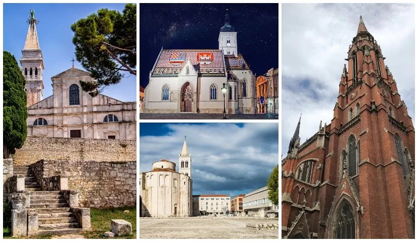 Fortress Churches in Croatia (English) Collage of four images featuring different churches and buildings.