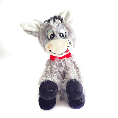 Croatian Plush Donkey - Magarac Plush donkey toy with a red bow on a white background