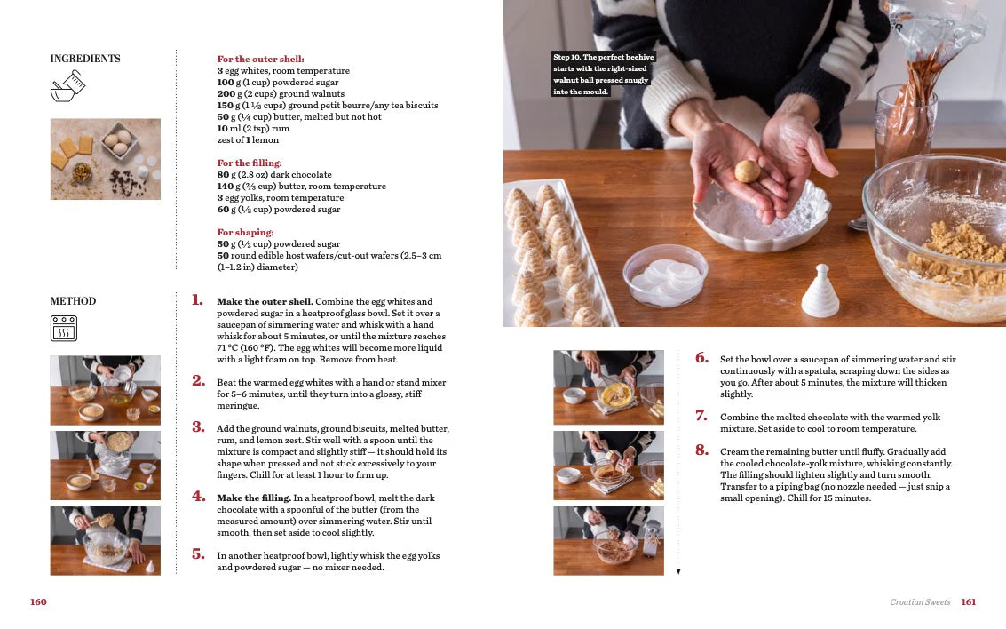Croatian Sweets: Cookbook in English Language Recipe book page with step-by-step instructions and images of a person making food.