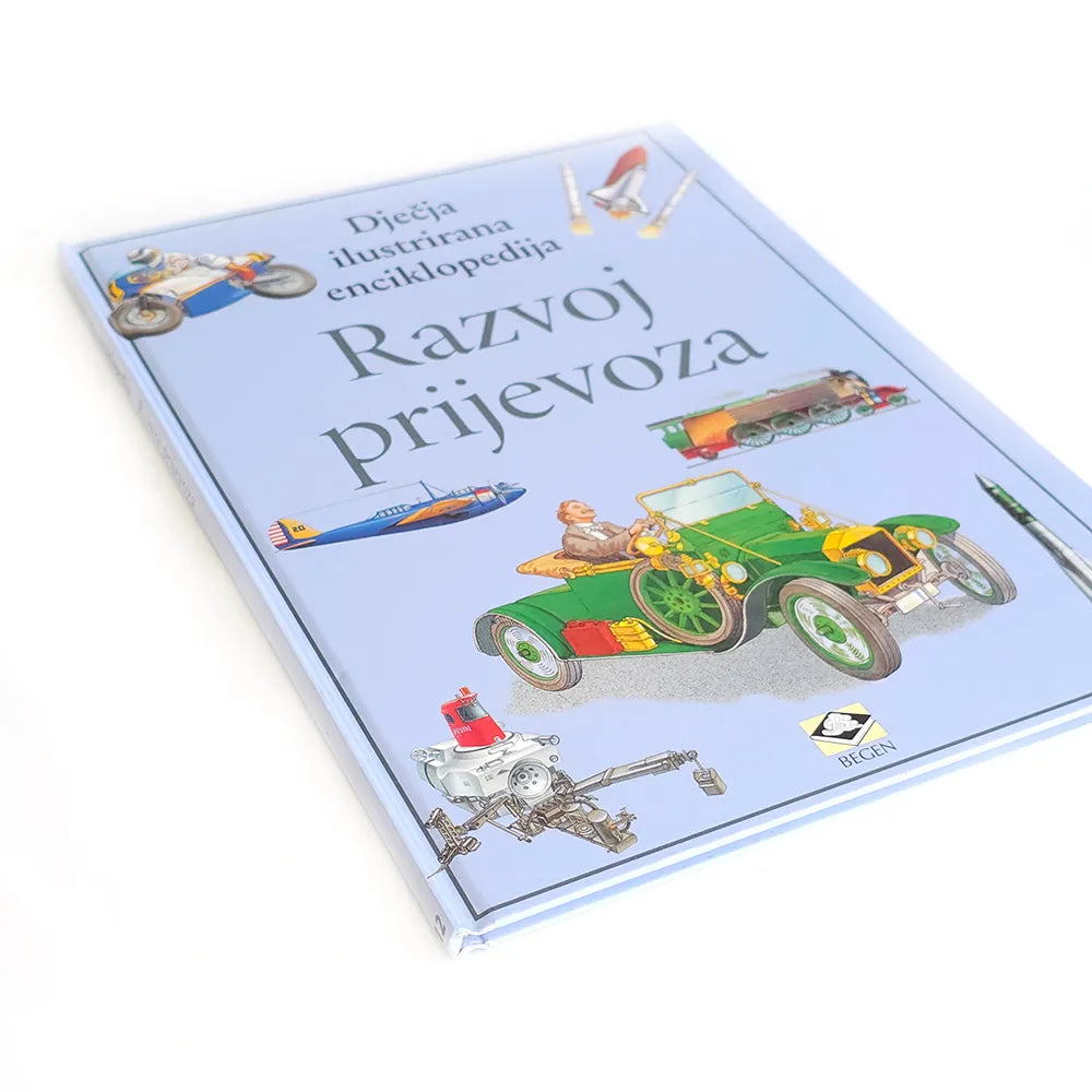 Dječje Ilustrirane Enciklopedije – Razvoj Prijevoza Book cover with illustrations of vehicles and text on a light blue background