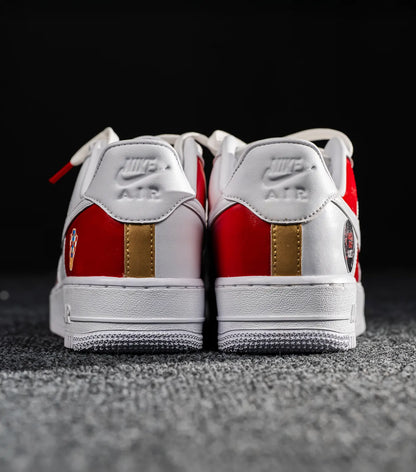 Nike Air Force 1 CROATIA HNS White Nike Air Force sneakers with red and gold accents on a dark background