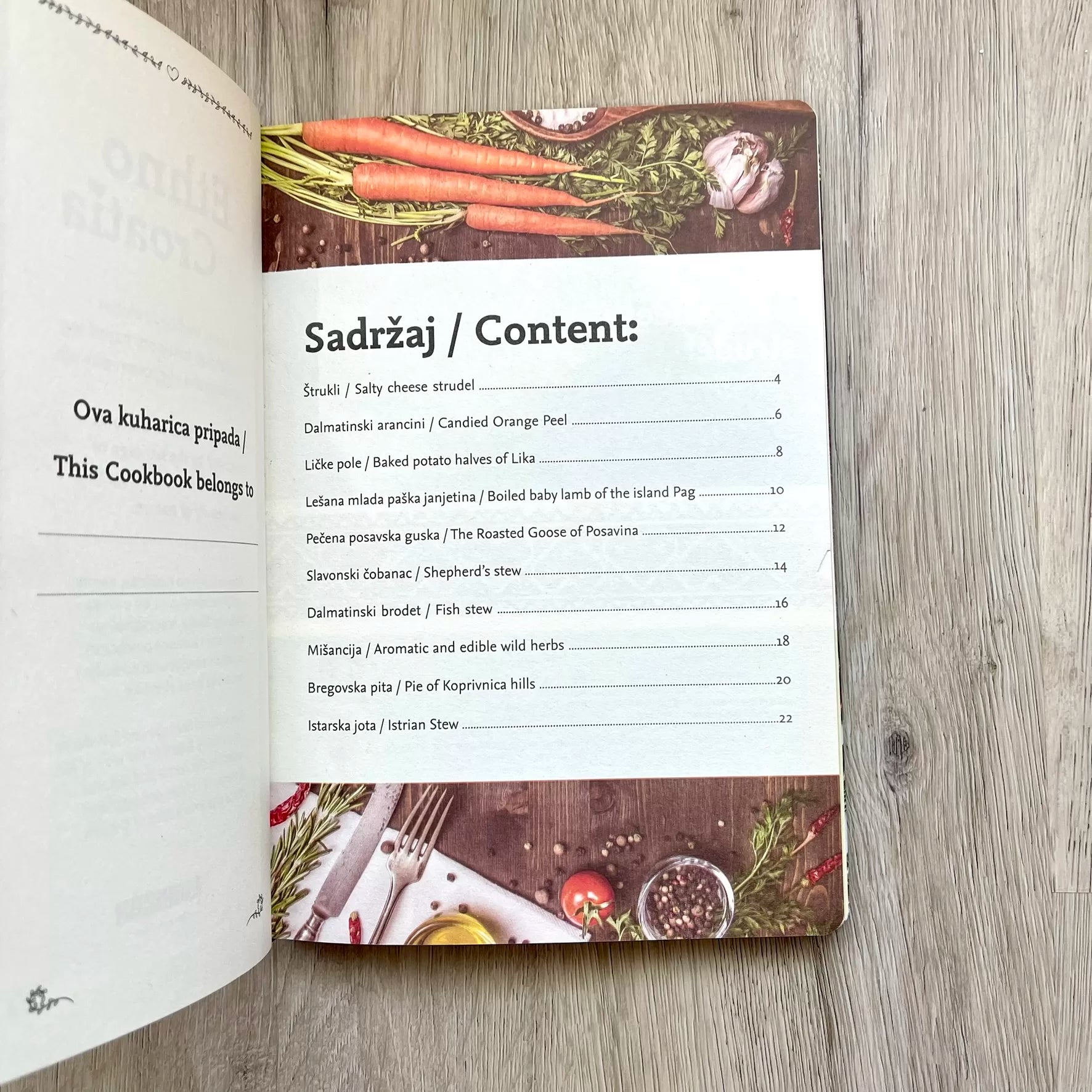 Dobri Stari Recepti – Kuharica (CRO + ENG) – Traditional Recipes & Personal Recipe Journal Open cookbook with a table of contents on a wooden surface