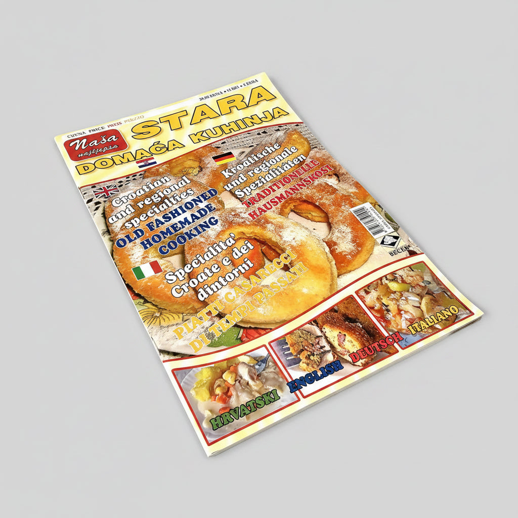 Stara Domaća Kuhinja | Croatian–English–Italian–German Cookbook (97 pages, Full Colour) Cookbook titled 'Stara Domaáđa Kuhinja' with images of pizzas on the cover.