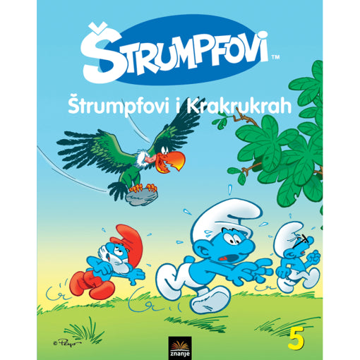 Štrumpfovi – Štrumpfovi i Krakrukrah Book cover of 'Strumpfovi' with cartoon characters and a parrot on a blue background